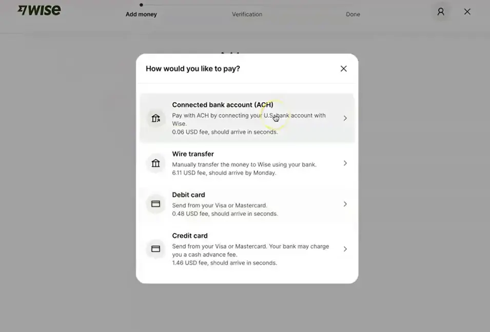 Choose payment method to complete Wise setup and activation