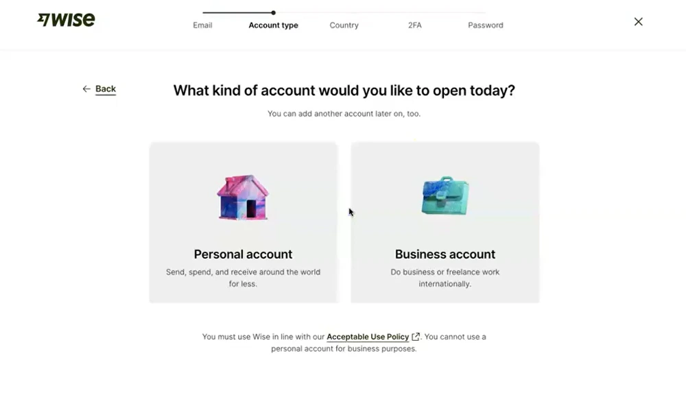 Choose personal or business Wise account during onboarding
