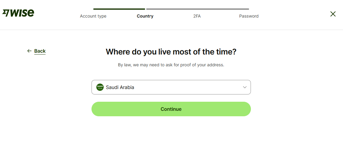 Select country of residence in Wise account setup