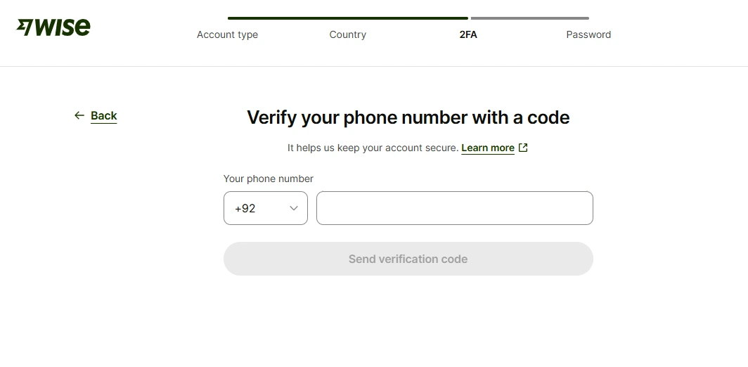 Enter and verify mobile number on Wise onboarding flow