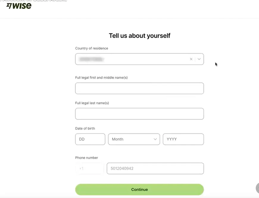 Enter personal details while creating Wise account