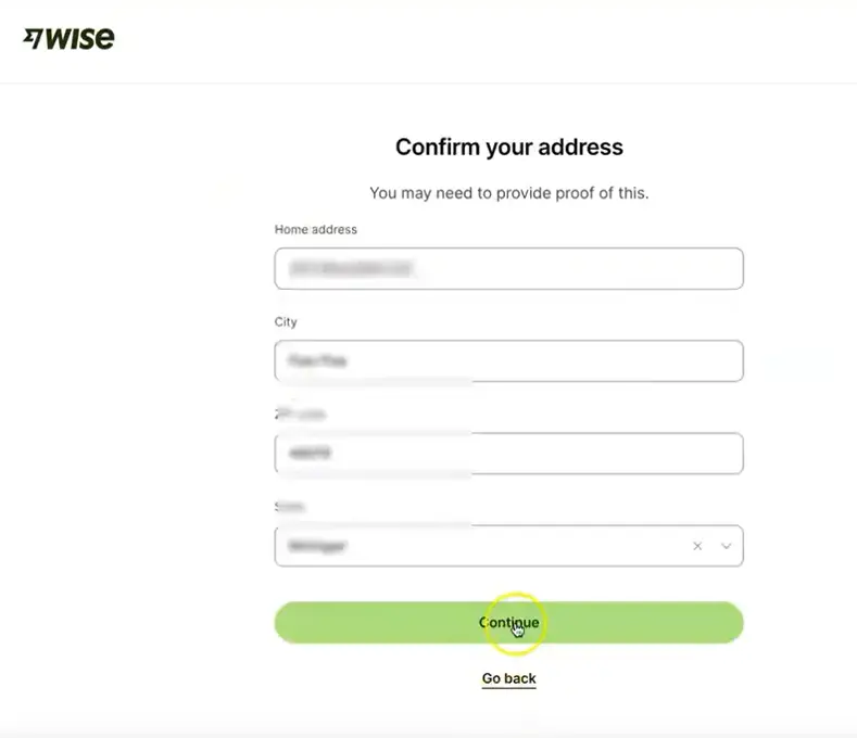 Add home address in Wise account onboarding process