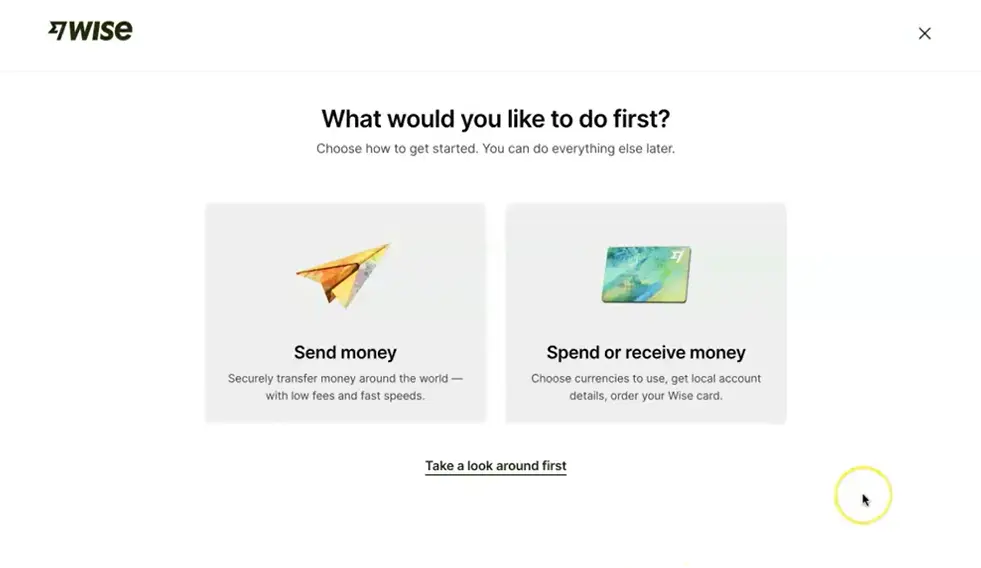 Choose send money or spend receive money during Wise setup