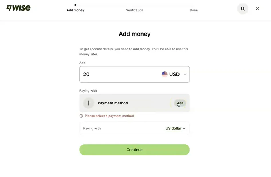 Add money to activate account details in Wise onboarding